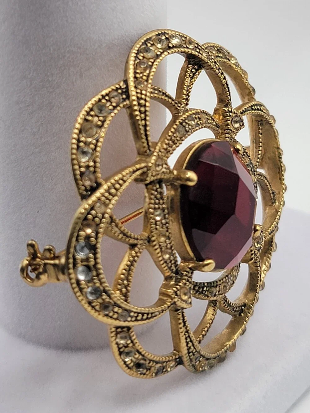 Vintage Monet Silver Tone Filigree Red Glass Brooch 1930s-1955s
